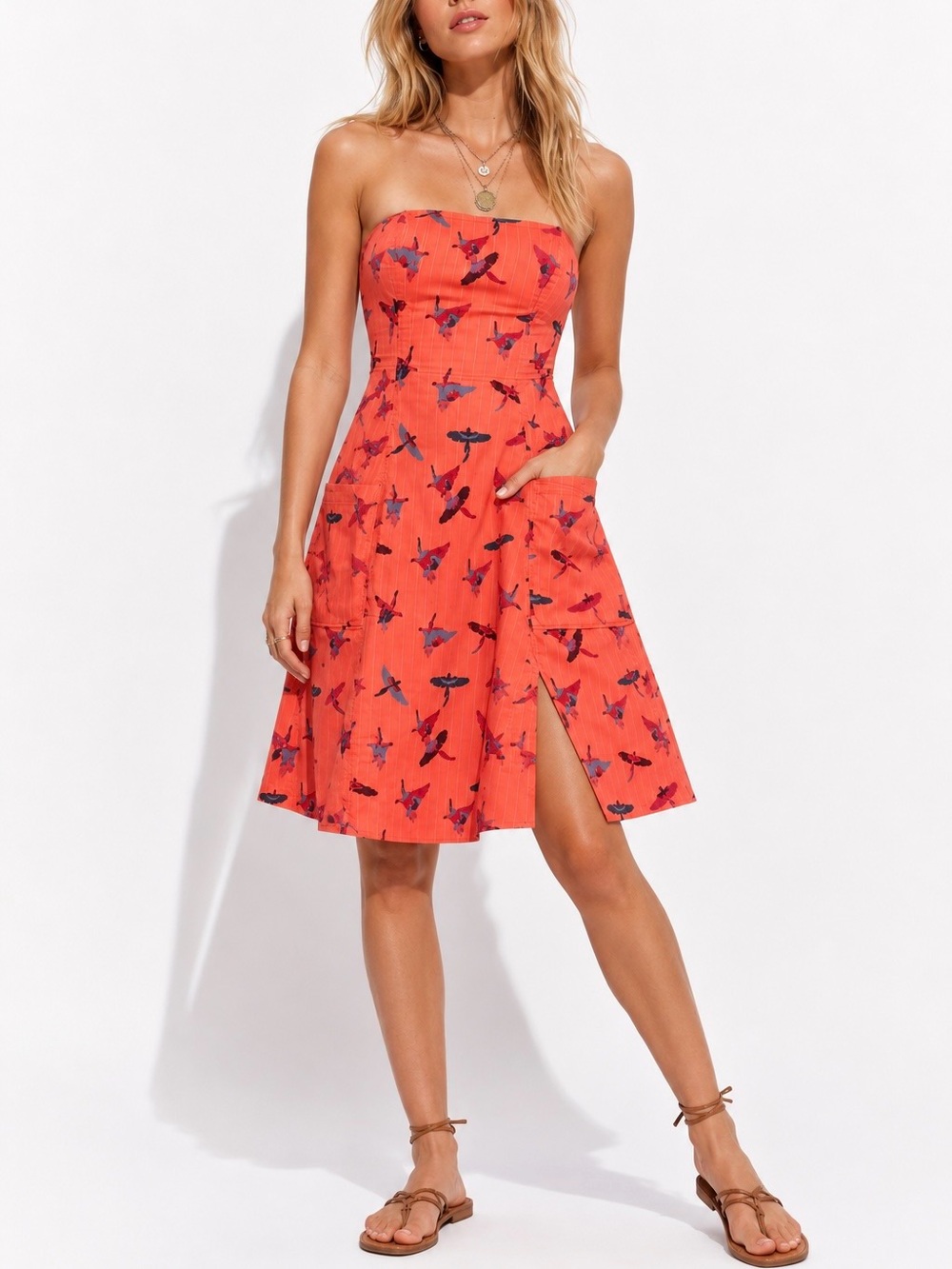 Free People 100% Cotton Sunshine Of Your Love Printed A-Line Sun Dress Coral 6